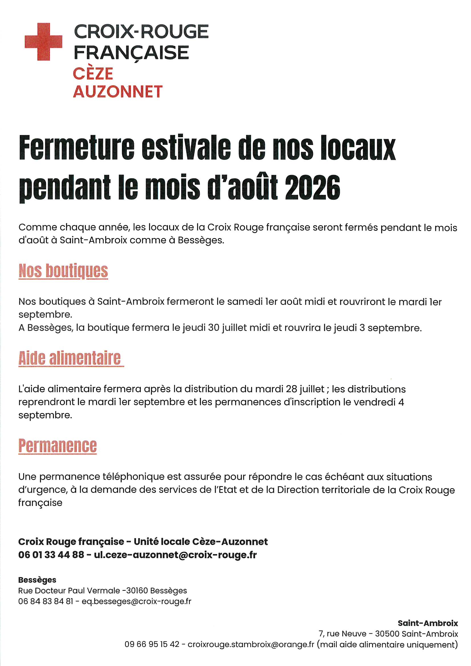 croix rouge fermeture estivale